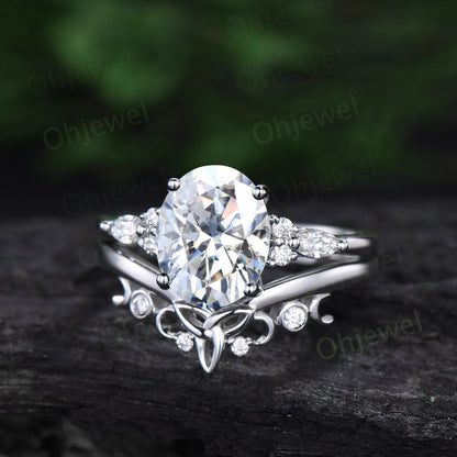 4ct oval cut moissanite engagement ring set solid 14k white gold art deco diamond ring vintage moon Celtic knot wedding ring set for women
