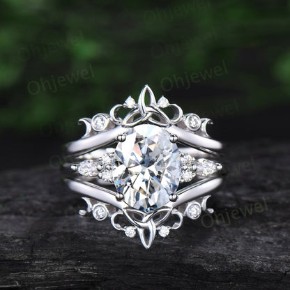 4ct oval cut moissanite engagement ring set solid 14k white gold art deco diamond ring vintage moon Celtic knot wedding ring set for women