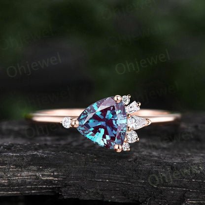 Alexandrite ring vintage Trilliant cut Alexandrite engagement ring cluster moissanite ring 14k rose gold dainty promise wedding ring women