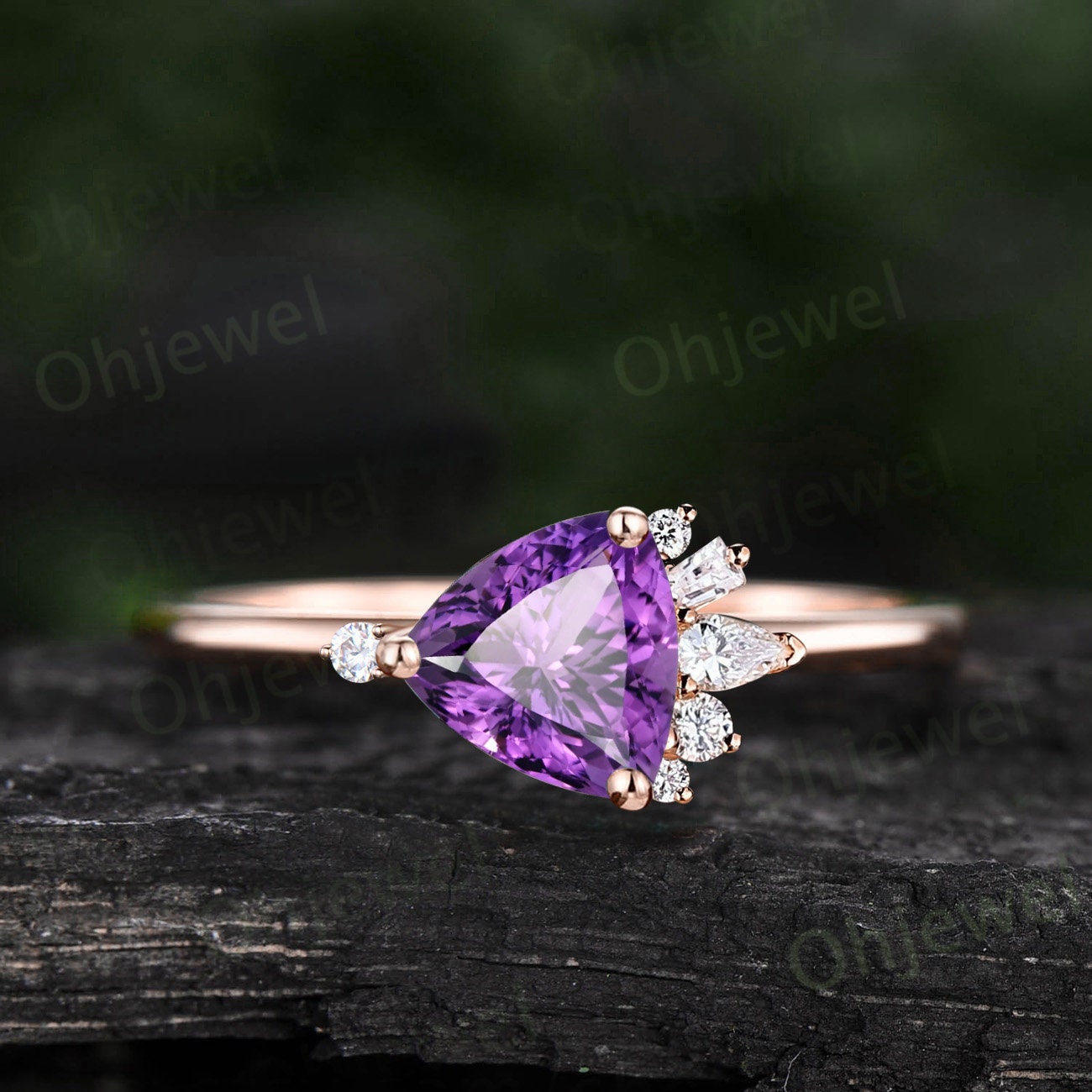 Purple amethyst ring vintage Trilliant cut Amethyst engagement ring cluster moissanite ring 14k rose gold dainty wedding bridal ring women