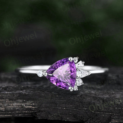 Purple amethyst ring vintage Trilliant cut Amethyst engagement ring cluster moissanite ring 14k rose gold dainty wedding bridal ring women