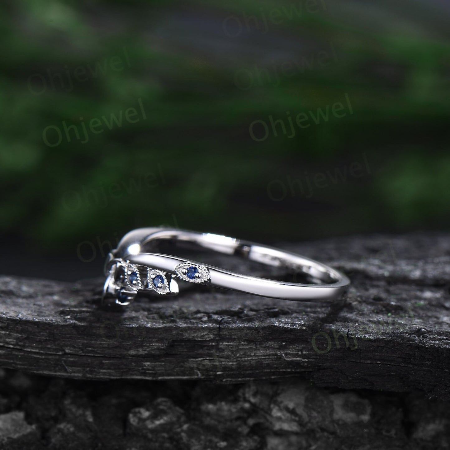Sapphire wedding band 14k white gold natural sapphire ring Celtic knot art deco Milgrain wedding ring band women anniversary ring gift