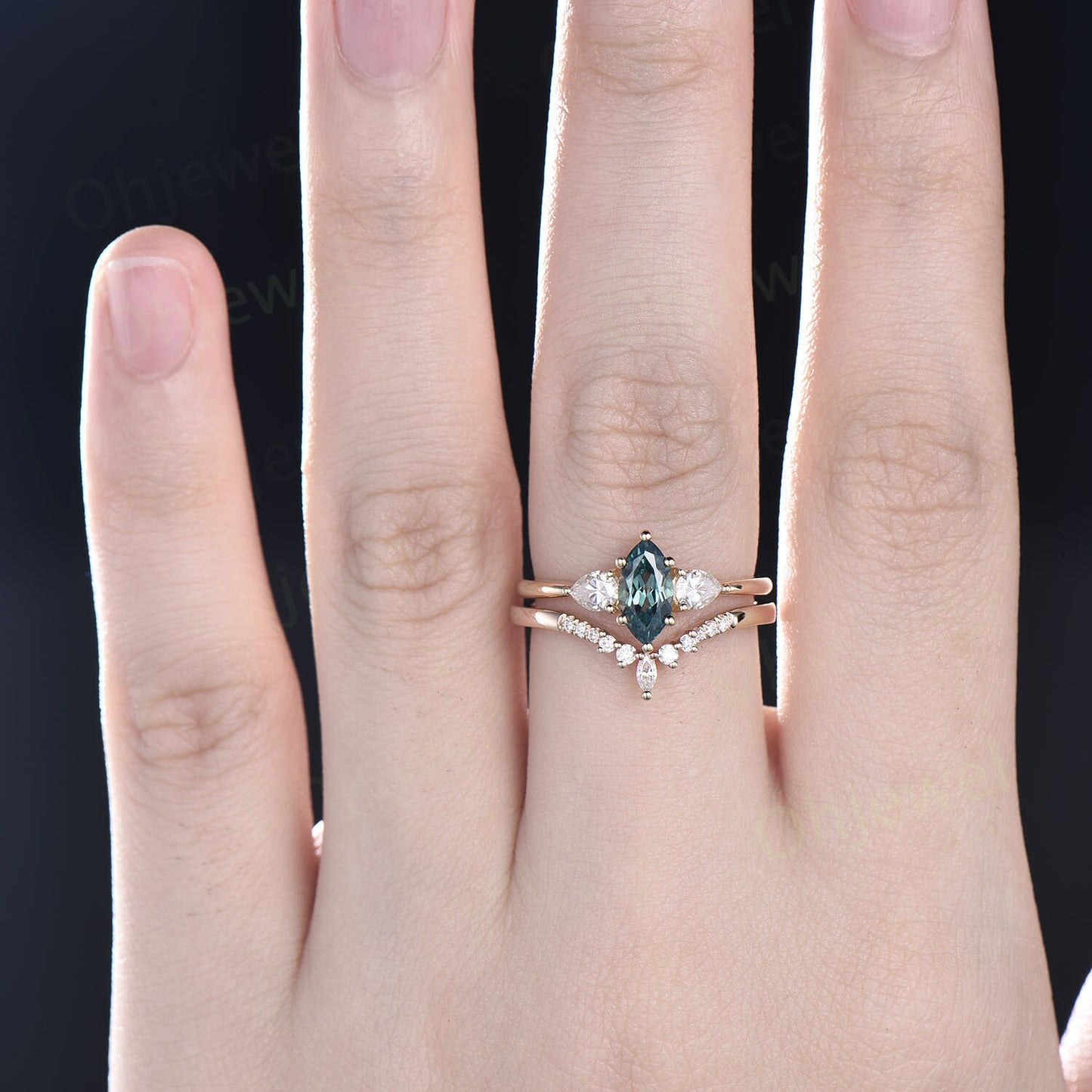 Marquise cut green sapphire ring three stone teal sapphire ring 14k yellow gold pear moissanite ring 6 prong dainty engagement ring women