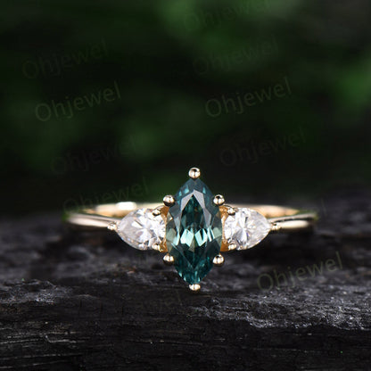Marquise cut green sapphire ring three stone teal sapphire ring 14k yellow gold pear moissanite ring 6 prong dainty engagement ring women