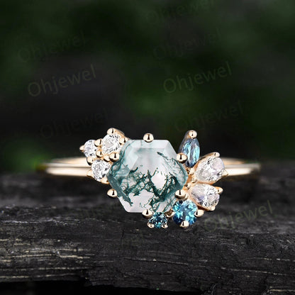 Cluster Hexagon cut natural moss agate ring engagement ring women 925 sterling silver dainty Alexandrite ring rose gold handmade ring gift