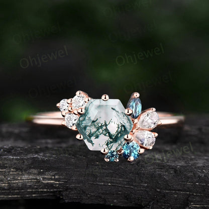 Cluster Hexagon cut natural moss agate ring engagement ring women 925 sterling silver dainty Alexandrite ring rose gold handmade ring gift