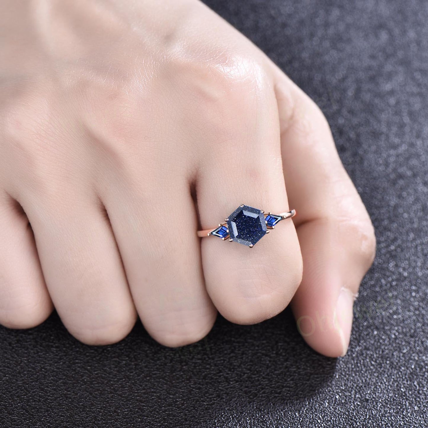 Hexagon cut blue sandstone ring three stone kite cut sapphire ring rose gold unique engagement ring women Minimalist 6 prong promise ring