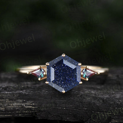Hexagon cut blue sandstone ring three stone kite cut sapphire ring rose gold unique engagement ring women Minimalist 6 prong promise ring