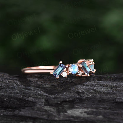 Baguette cut Alexandrite ring vintage cluster moonstone ring women rose gold moissanite wedding band June birthstone anniversary ring gift