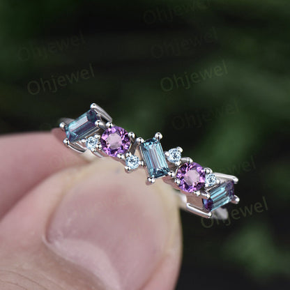 Baguette cut Alexandrite ring vintage cluster Amethyst ring women rose gold topaz wedding band gemstone unique bridal anniversary ring gift
