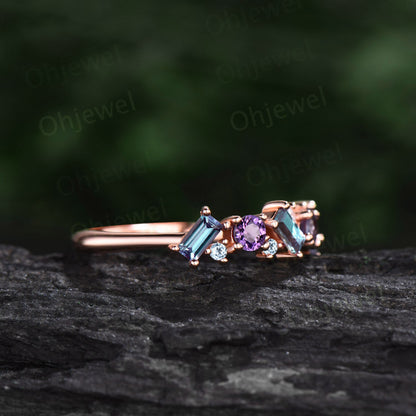 Baguette cut Alexandrite ring vintage cluster Amethyst ring women rose gold topaz wedding band gemstone unique bridal anniversary ring gift