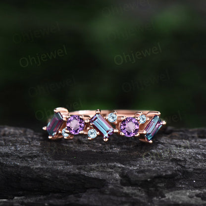 Baguette cut Alexandrite ring vintage cluster Amethyst ring women rose gold topaz wedding band gemstone unique bridal anniversary ring gift