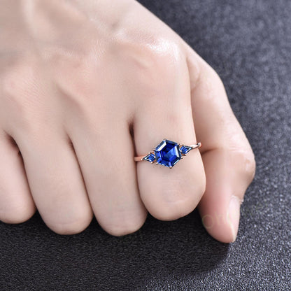 Vintage Hexagon sapphire engagement ring minimalist Three stone ring kite cut alexandrite ring gold women September birthstone bridal ring