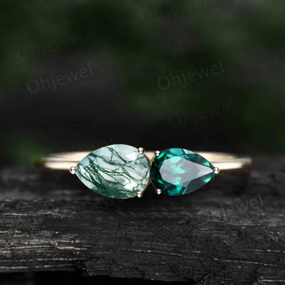 Vintage pear shaped moss agate opal engagement ring rose gold east to west ring dainty Minimalist two stone ring women bridal promise ring