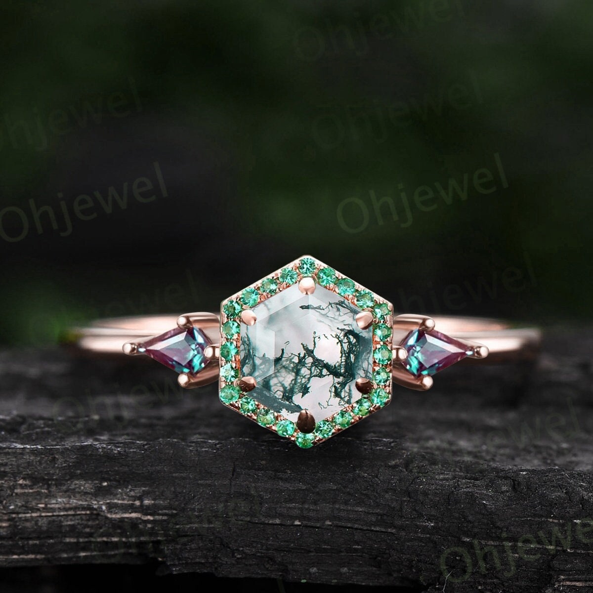 Hexagon cut green moss agate ring rose gold halo emerald ring vintage kite cut alexandrite ring women unique engagement ring gemstone ring