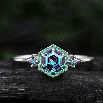Hexagon cut Alexandrite ring rose gold halo emerald ring vintage kite cut alexandrite ring women unique engagement ring gemstone ring Gift