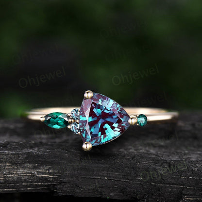 Trillion cut Alexandrite engagement ring rose gold five stone ring marquise moonstone ring women unique diamond bridal wedding promise ring