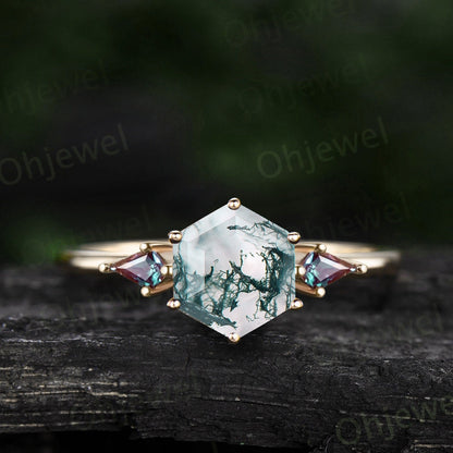 7mm Hexagon cut green moss agate ring rose gold vintage kite cut alexandrite ring dainty unique engagement ring promise bridal ring women
