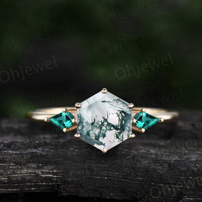 7mm Hexagon cut green moss agate ring rose gold vintage kite cut alexandrite ring dainty unique engagement ring promise bridal ring women
