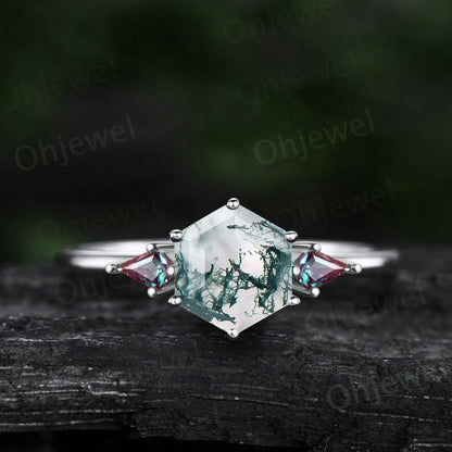 7mm Hexagon cut green moss agate ring rose gold vintage kite cut alexandrite ring dainty unique engagement ring promise bridal ring women