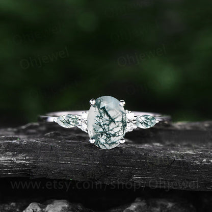 Oval cut green moss agate ring rose gold art deco unique engagement ring women curved alexandrite wedding ring band dainty moissanite ring