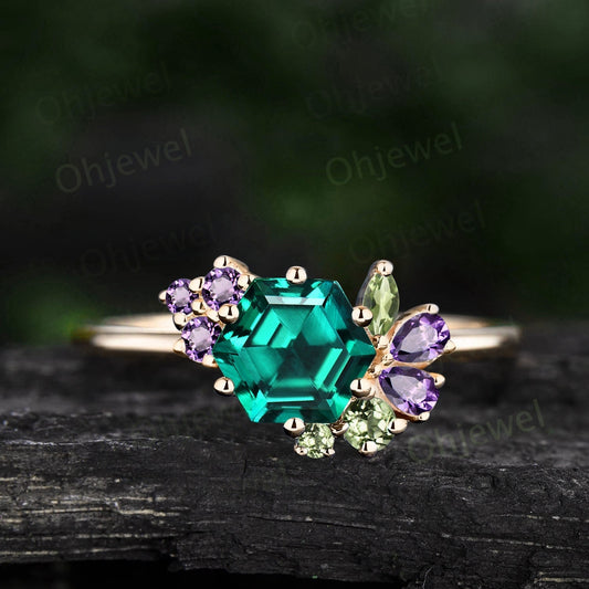 Hexagon cut emerald ring gold cluster peridot amethyst ring women vintage dainty unique engagement ring gemstone May birthstone ring gift