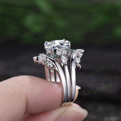 4ct oval cut moissanite engagement ring set solid 14k white gold art deco diamond ring vintage moon Celtic knot wedding ring set for women