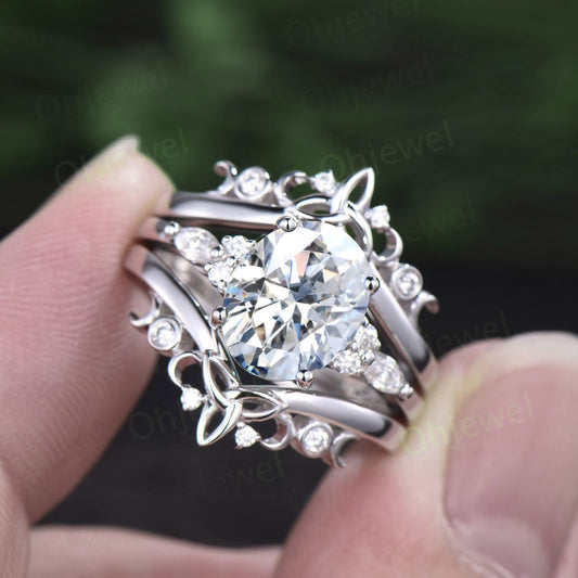 4ct oval cut moissanite engagement ring set solid 14k white gold art deco diamond ring vintage moon Celtic knot wedding ring set for women