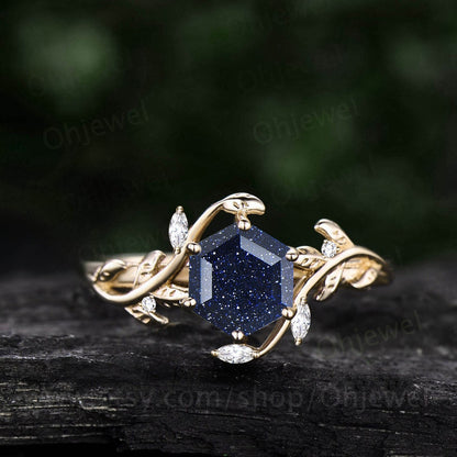 Hexagon cut blue sandstone ring vintage moonstone ring leaf rose gold ring twig nature inspired engagement ring women branch art deco ring
