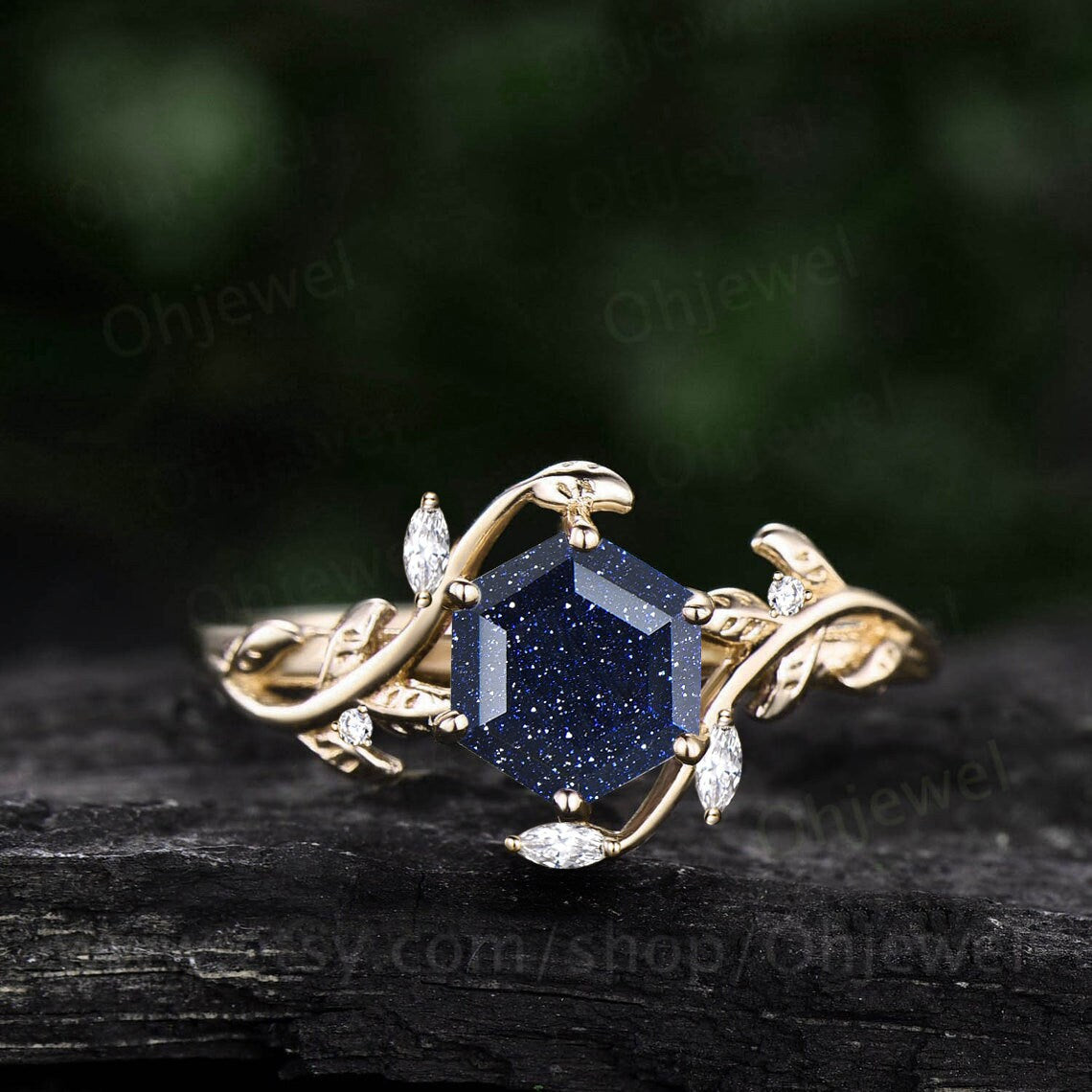 Vintage Hexagon cut blue sandstone engagement ring nature inspired sapphire ring women leaf white gold branch bridal wedding ring jewelry