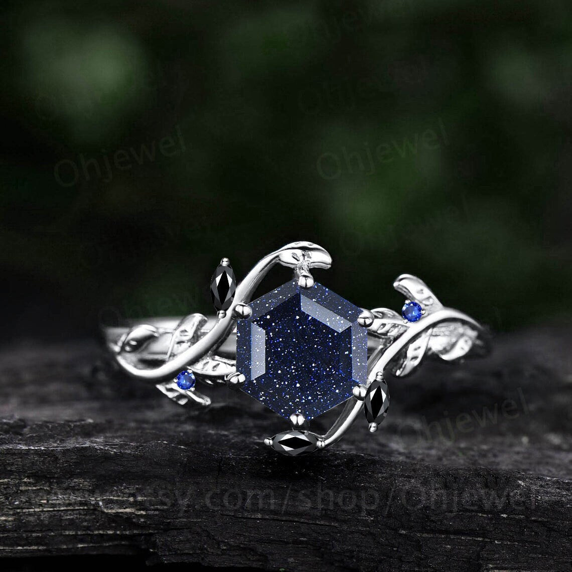 Vintage Hexagon cut blue sandstone engagement ring nature inspired sapphire ring women leaf white gold branch bridal wedding ring jewelry