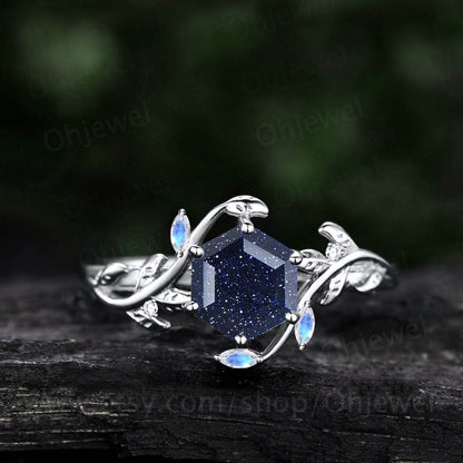 Hexagon cut blue sandstone ring vintage moonstone ring leaf rose gold ring twig nature inspired engagement ring women branch art deco ring