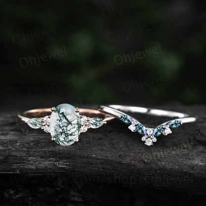 Oval cut green moss agate ring rose gold art deco unique engagement ring women curved alexandrite wedding ring band dainty moissanite ring