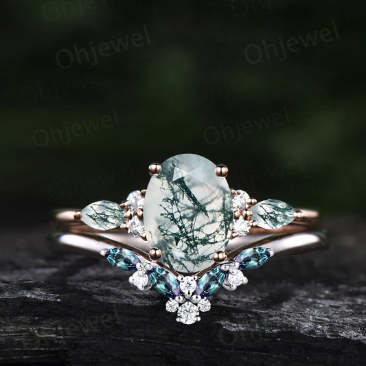 Oval cut green moss agate ring rose gold art deco unique engagement ring women curved alexandrite wedding ring band dainty moissanite ring