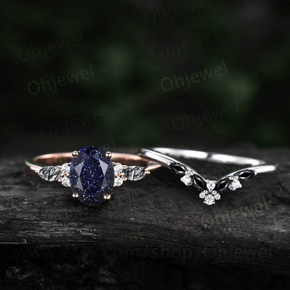 Vintage oval blue sandstone engagement ring set rose gold marquise black rutilated quartz ring women moissanite wedding bridal ring set gift