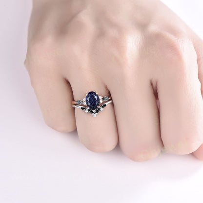 Vintage oval blue sandstone engagement ring set rose gold marquise black rutilated quartz ring women moissanite wedding bridal ring set gift