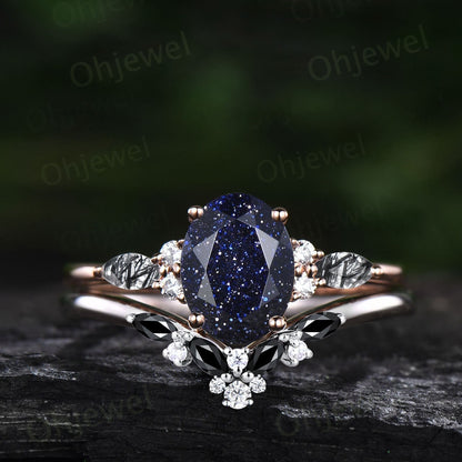 Vintage oval blue sandstone engagement ring set rose gold marquise black rutilated quartz ring women moissanite wedding bridal ring set gift