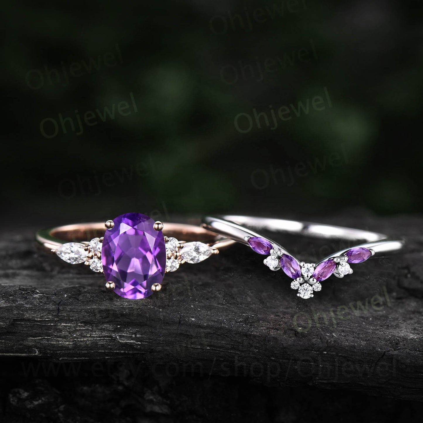 Vintage oval cut purple amethyst engagement ring set rose gold marquise moissanite ring women gemstone  unique wedding bridal ring set gift
