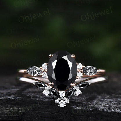 Vintage oval Black Onyx engagement ring set rose gold marquise black rutilated quartz ring women moissanite promise wedding bridal ring set