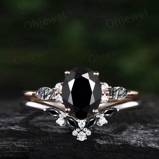 Vintage oval Black Onyx engagement ring set rose gold marquise black rutilated quartz ring women moissanite promise wedding bridal ring set