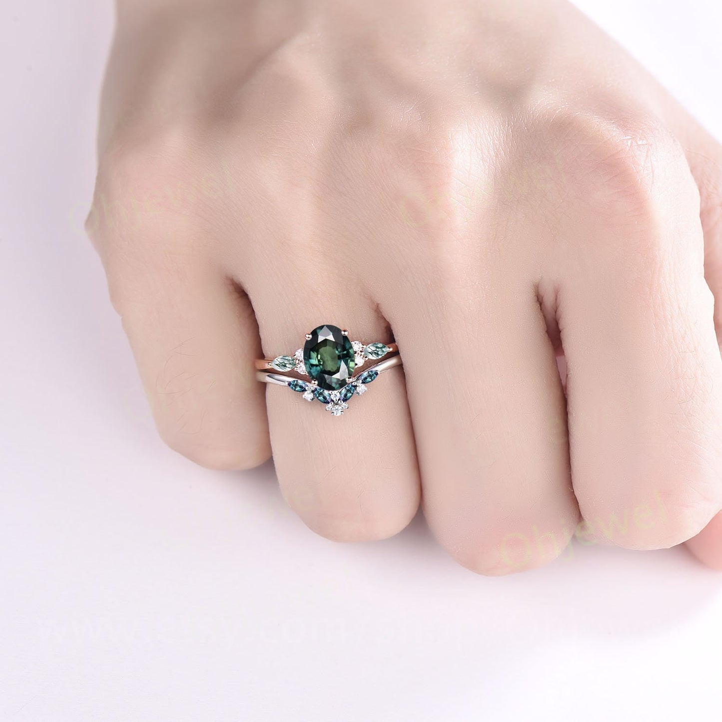 Oval natural green sapphire ring vintage teal sapphire engagement ring art deco rose gold cluster alexandrite ring wedding ring set women