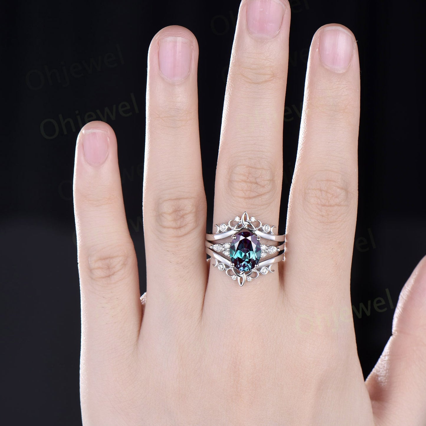 4ct oval cut Alexandrite engagement ring set solid 14k white gold art deco diamond ring vintage moon Celtic knot wedding ring set for women
