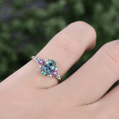 Oval Alexandrite engagement ring art deco cluster opal amethyst topaz ring rose gold gemstone ring dainty bridal ring women fine jewelry