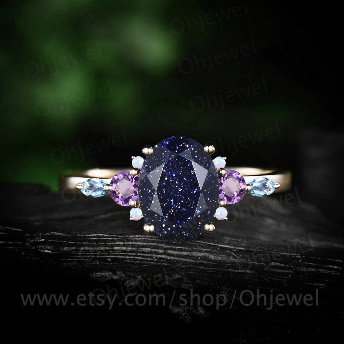 Oval cut blue sandstone ring engagement ring rose gold cluster opal amethyst topaz ring women unique wedding ring birthstone ring silver