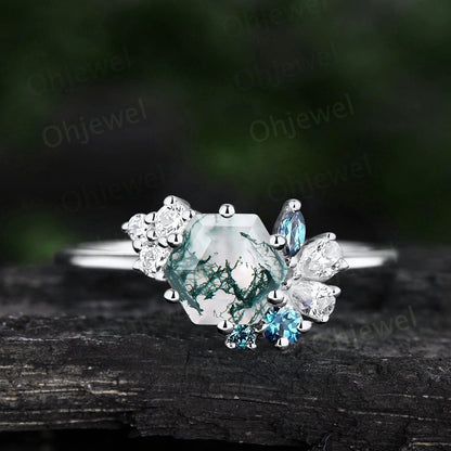 Cluster Hexagon cut natural moss agate ring engagement ring women 925 sterling silver dainty Alexandrite ring rose gold handmade ring gift