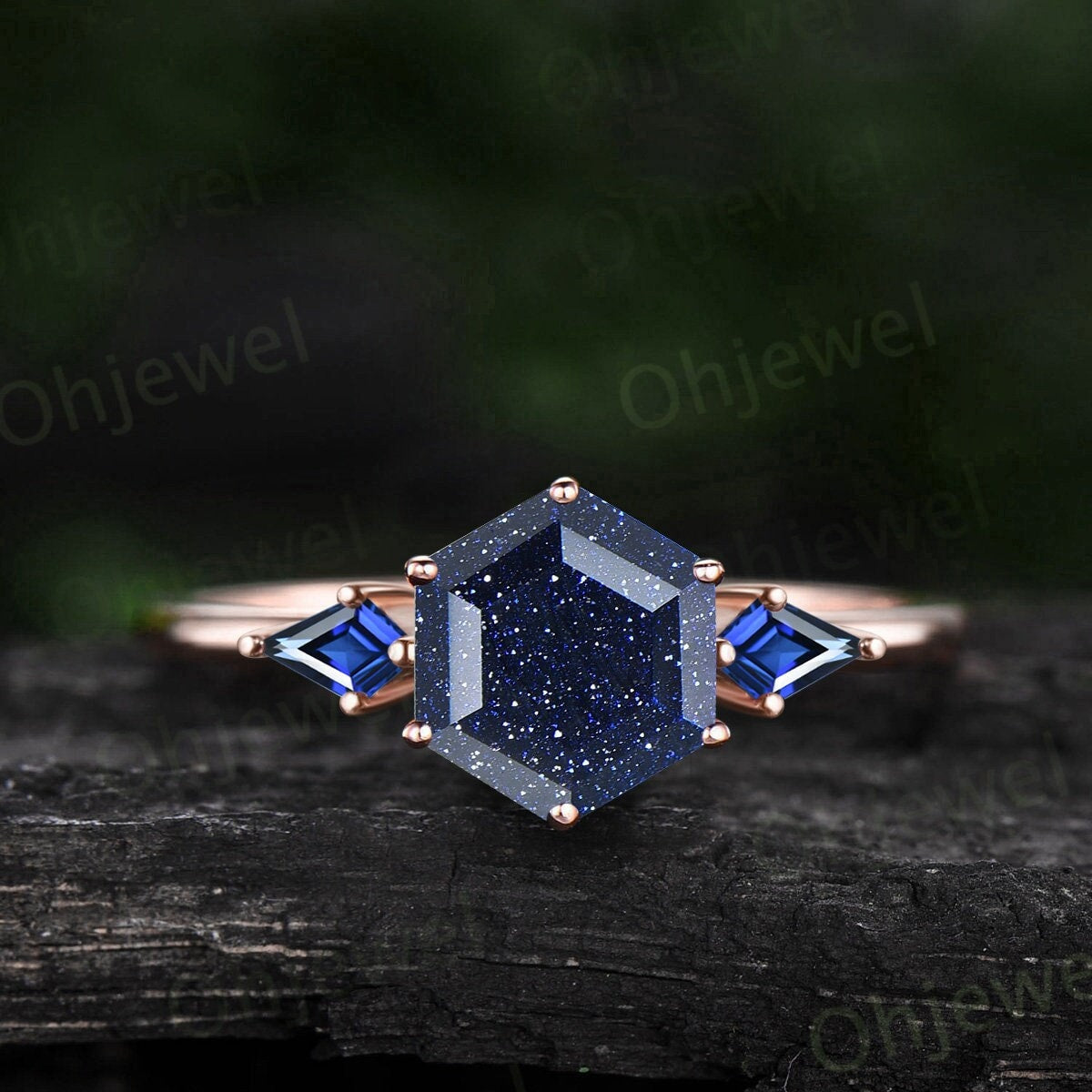 Hexagon cut blue sandstone ring three stone kite cut sapphire ring rose gold unique engagement ring women Minimalist 6 prong promise ring