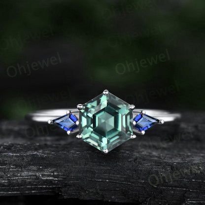 Hexagon cut green sapphire ring three stone kite cut emerald ring gold unique engagement ring women Minimalist 6 prong bridal wedding ring