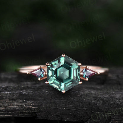 Hexagon cut green sapphire ring three stone kite cut emerald ring gold unique engagement ring women Minimalist 6 prong bridal wedding ring
