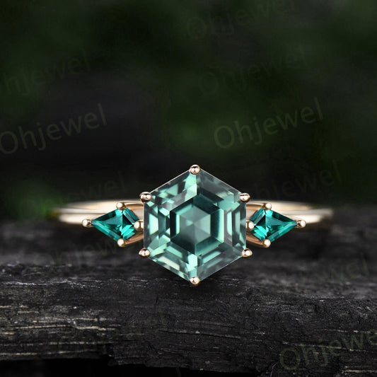 Hexagon cut green sapphire ring three stone kite cut emerald ring gold unique engagement ring women Minimalist 6 prong bridal wedding ring