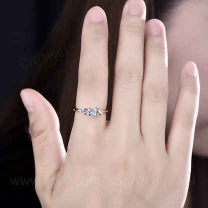 Pear moonstone ring vintage art deco Baguette opal ring rose gold cluster wedding band women moissanite ring dainty June brthstone ring gift